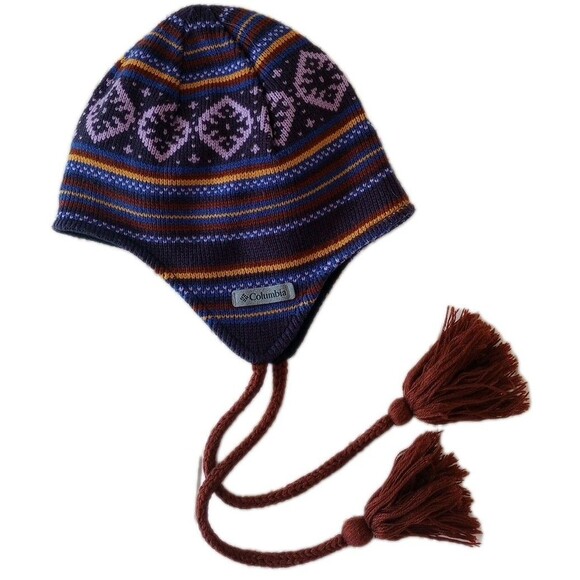 Columbia Winter Hat Unisex OS One Size Purple Nordic Stripe Ear Flaps Tassels - Picture 1 of 4